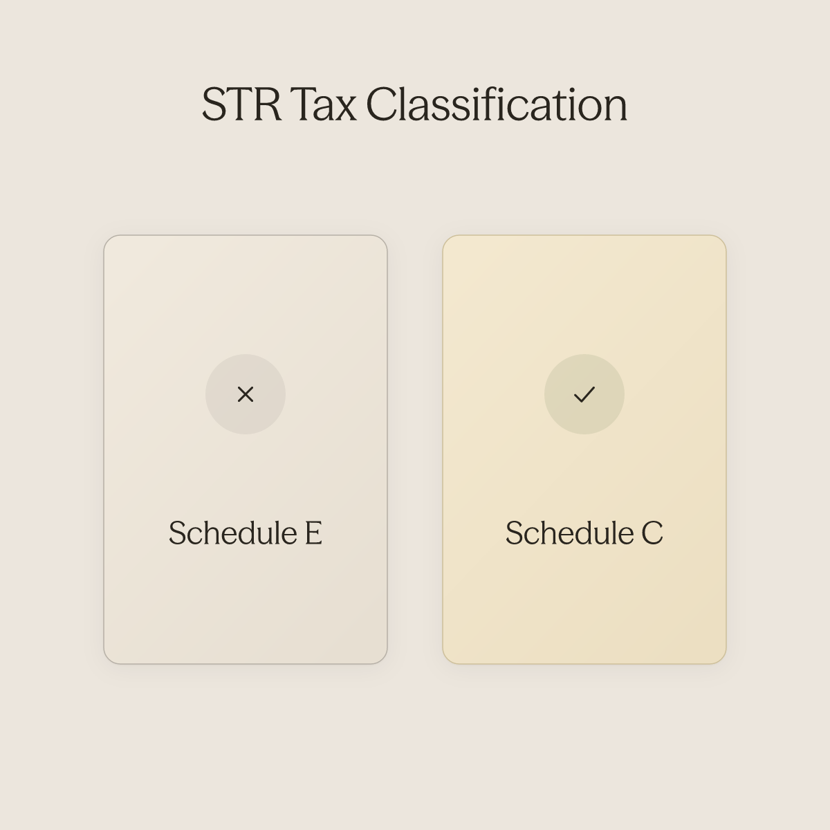 Side-by-side comparison of Schedule E versus Schedule C tax classification for short-term rentals