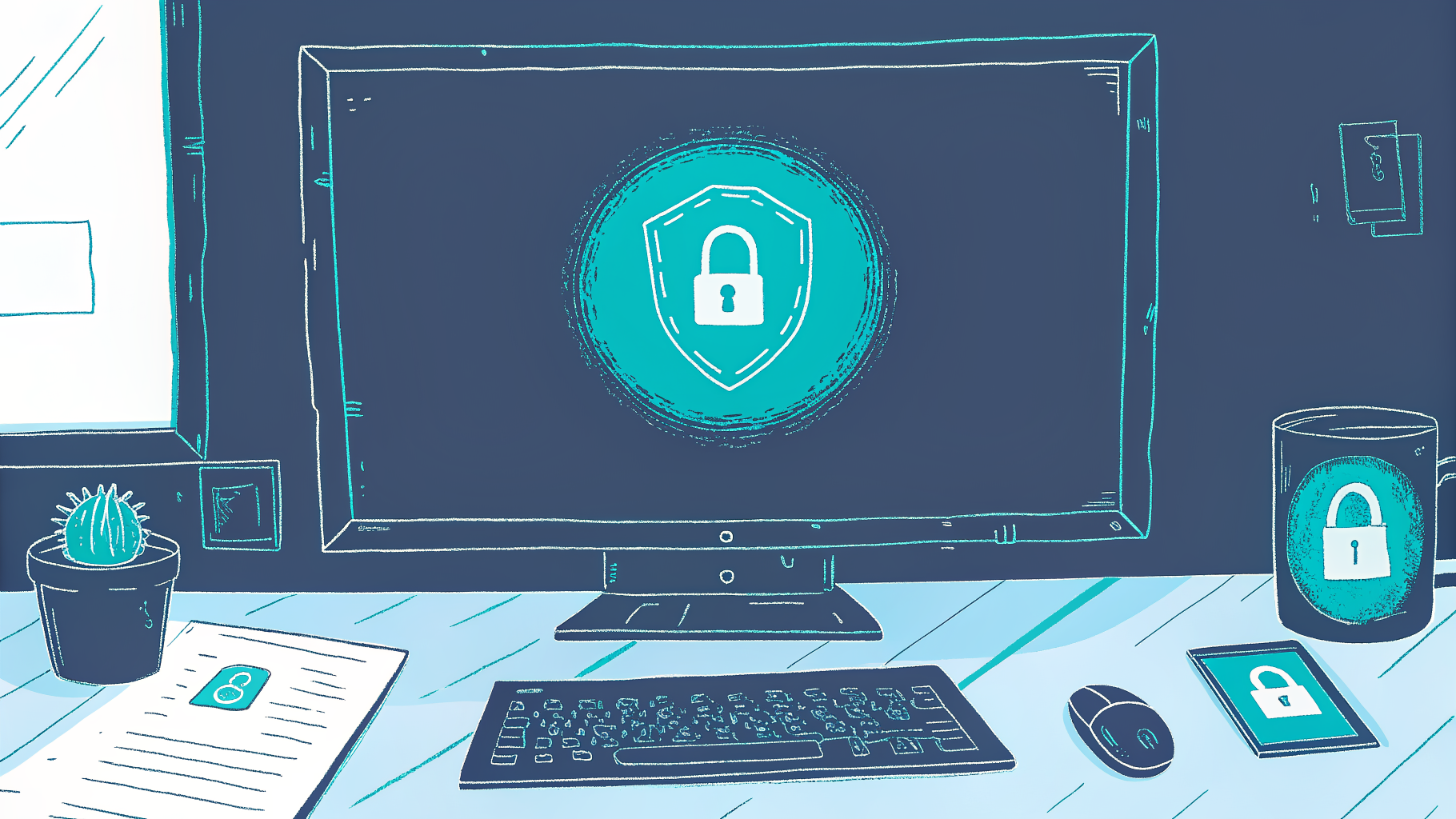 Physician desk with compliance shield, locked padlocks, and signed BAA contract document