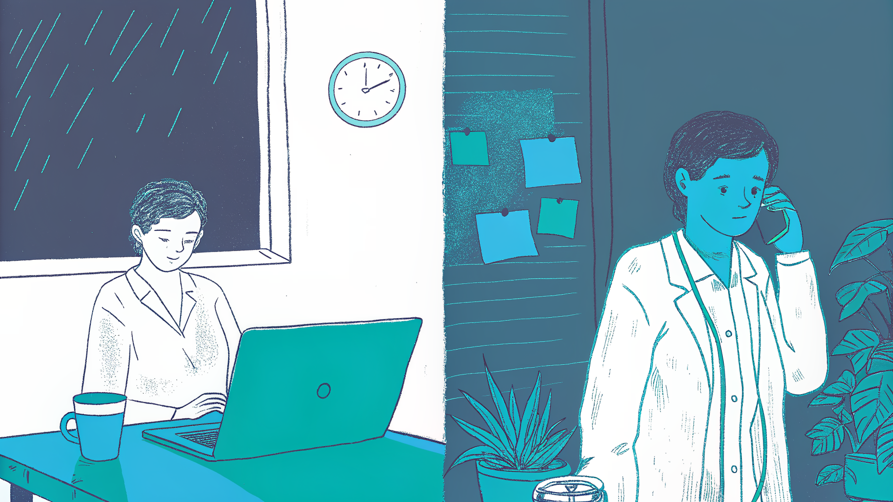 Physician charting late at night versus ambient AI capturing clinical details live in exam room