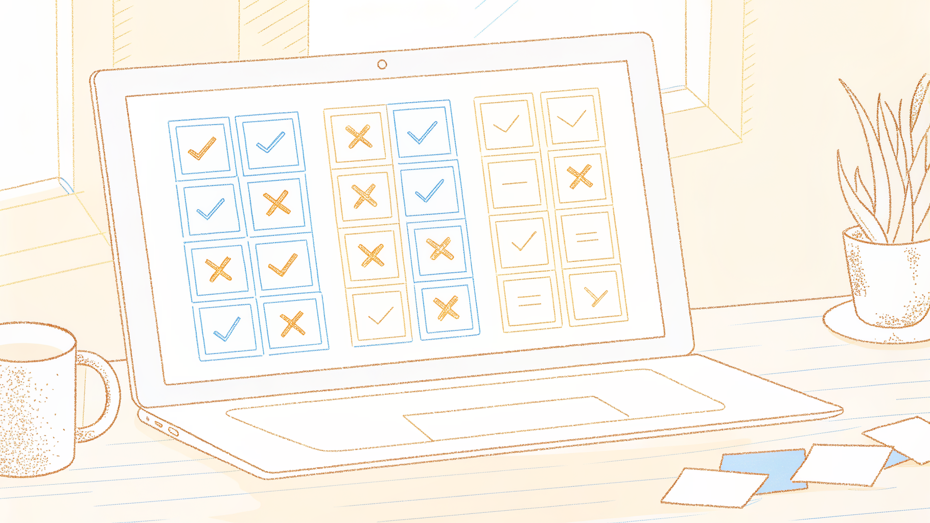 Laptop showing a visual comparison grid of AI transcription tool icons with checkmarks