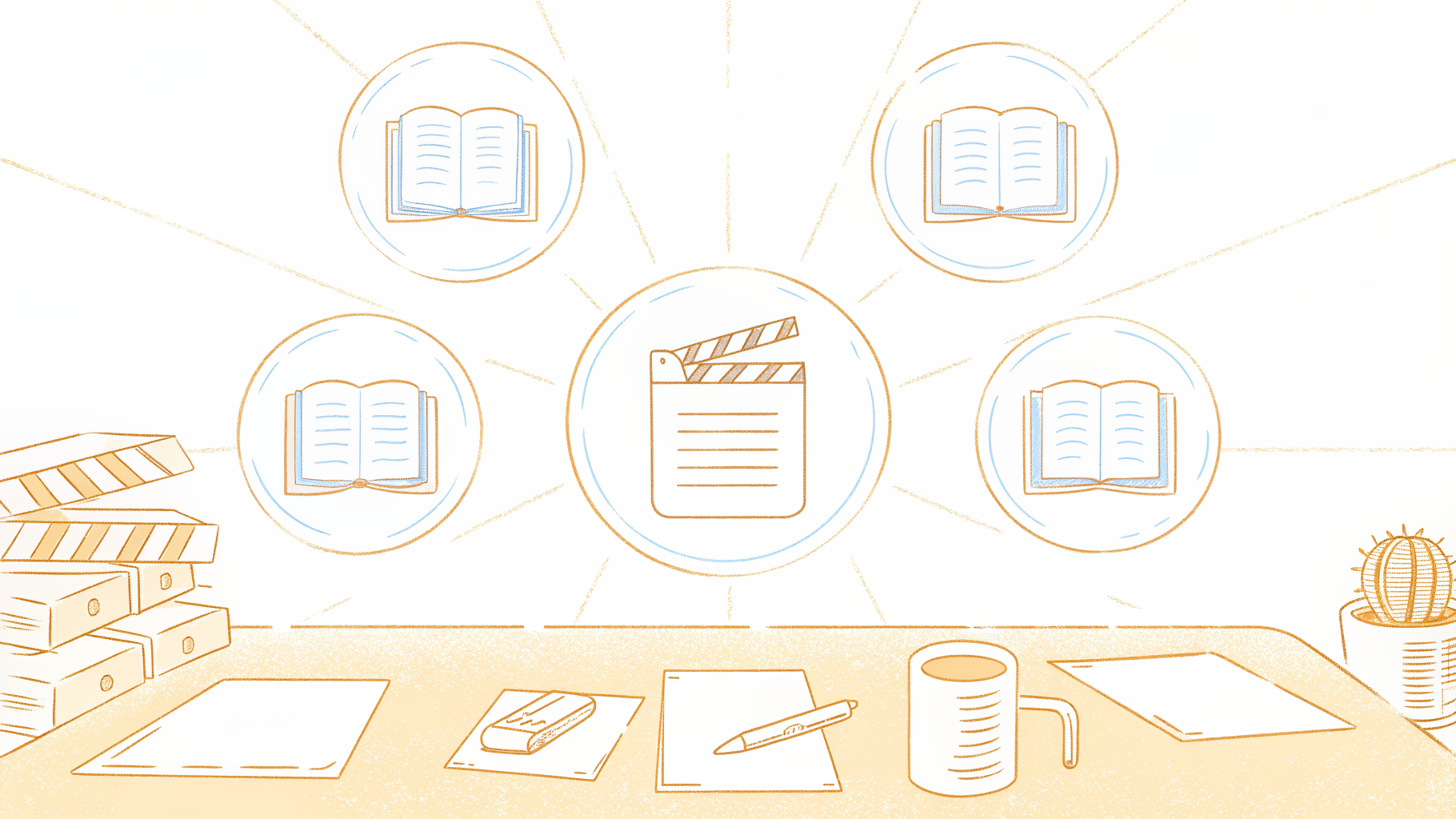 Podcast transcript exported into four file format icons radiating from a central document