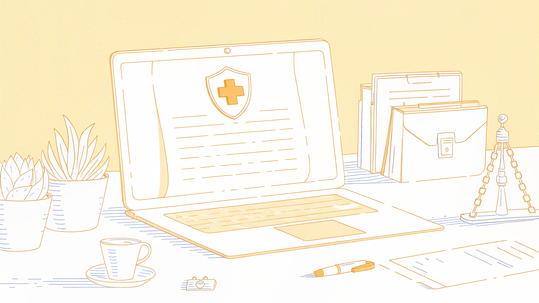 AI transcript on laptop with privacy warning shield, sensitive professional files beside it