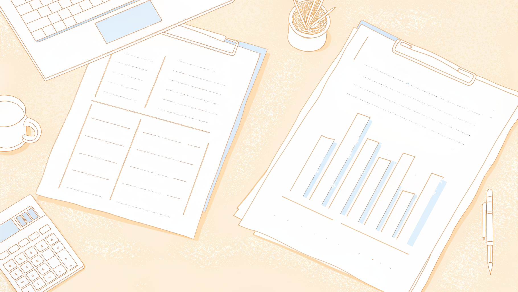 Desk with receipts and bar chart comparing interview transcription software pricing tiers