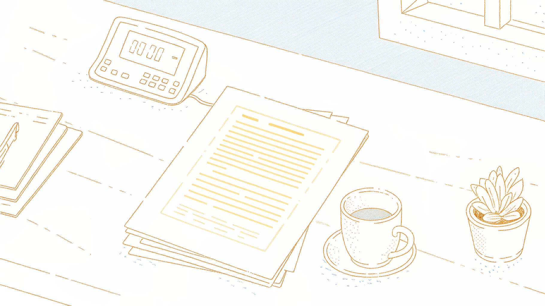 Transcript covered in red corrections beside a clock, calculator, and coffee mug on a desk