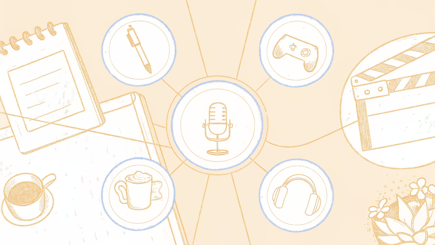 Four transcription use-case icons radiating from a central audio file hub
