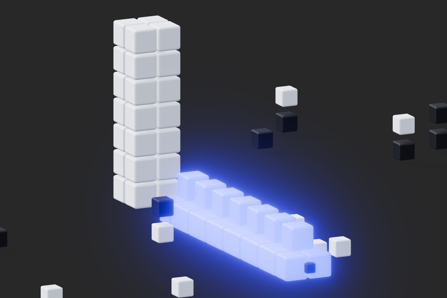 A tall voxel tower stands beside a long row of glowing blue markers stretching into darkness.