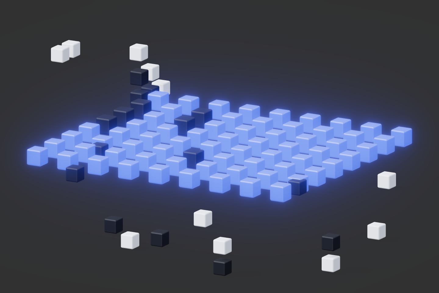 A grid of voxel cubes, most glowing blue and a few dark, showing pass-fail results across many attack surfaces.