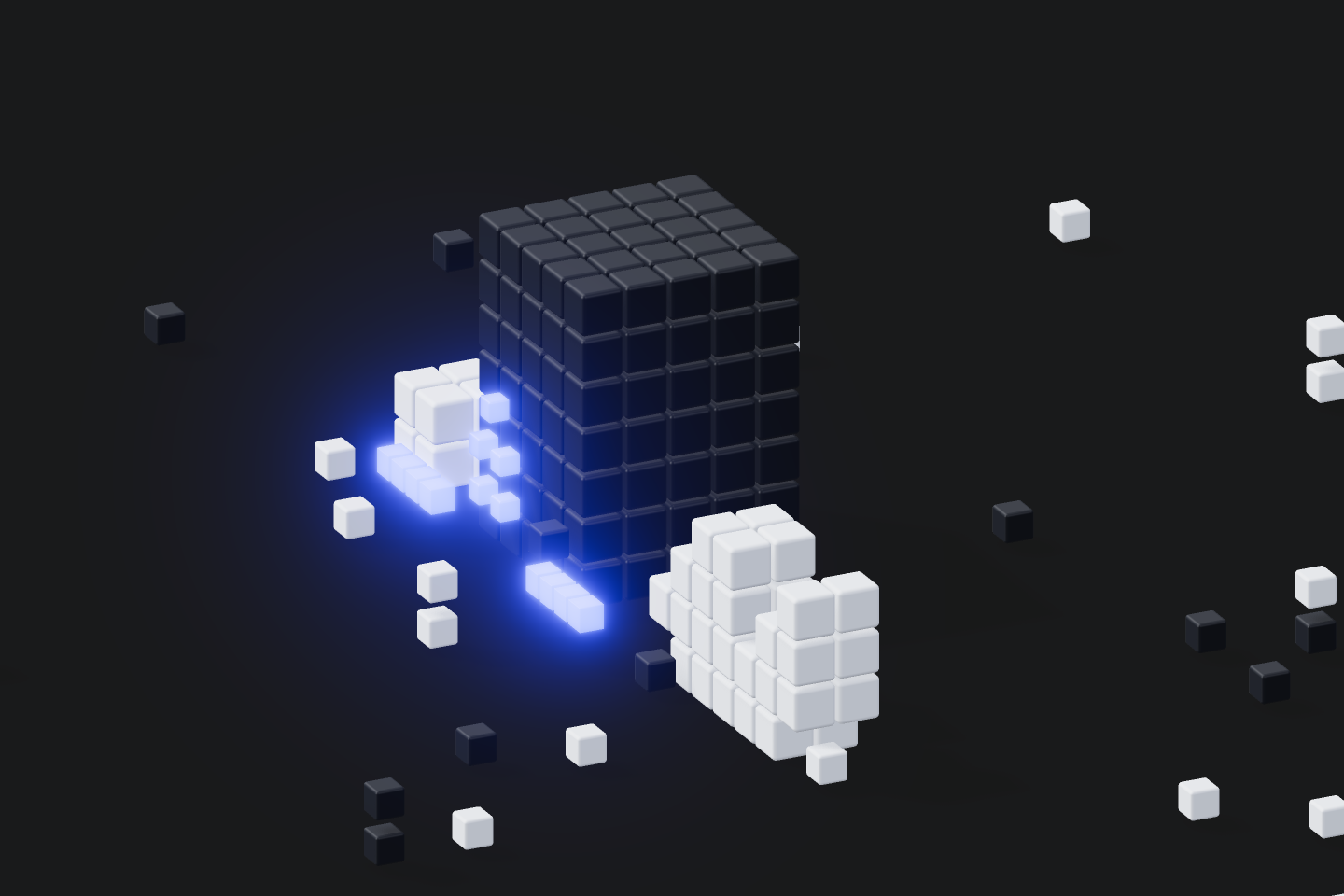 A glowing blue signal threads through a voxel server, chains across nodes, and exits into a cloud.