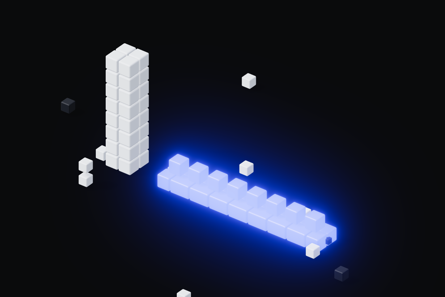 A lone tall voxel tower beside a long continuous row of glowing blue cubes stretching into darkness.