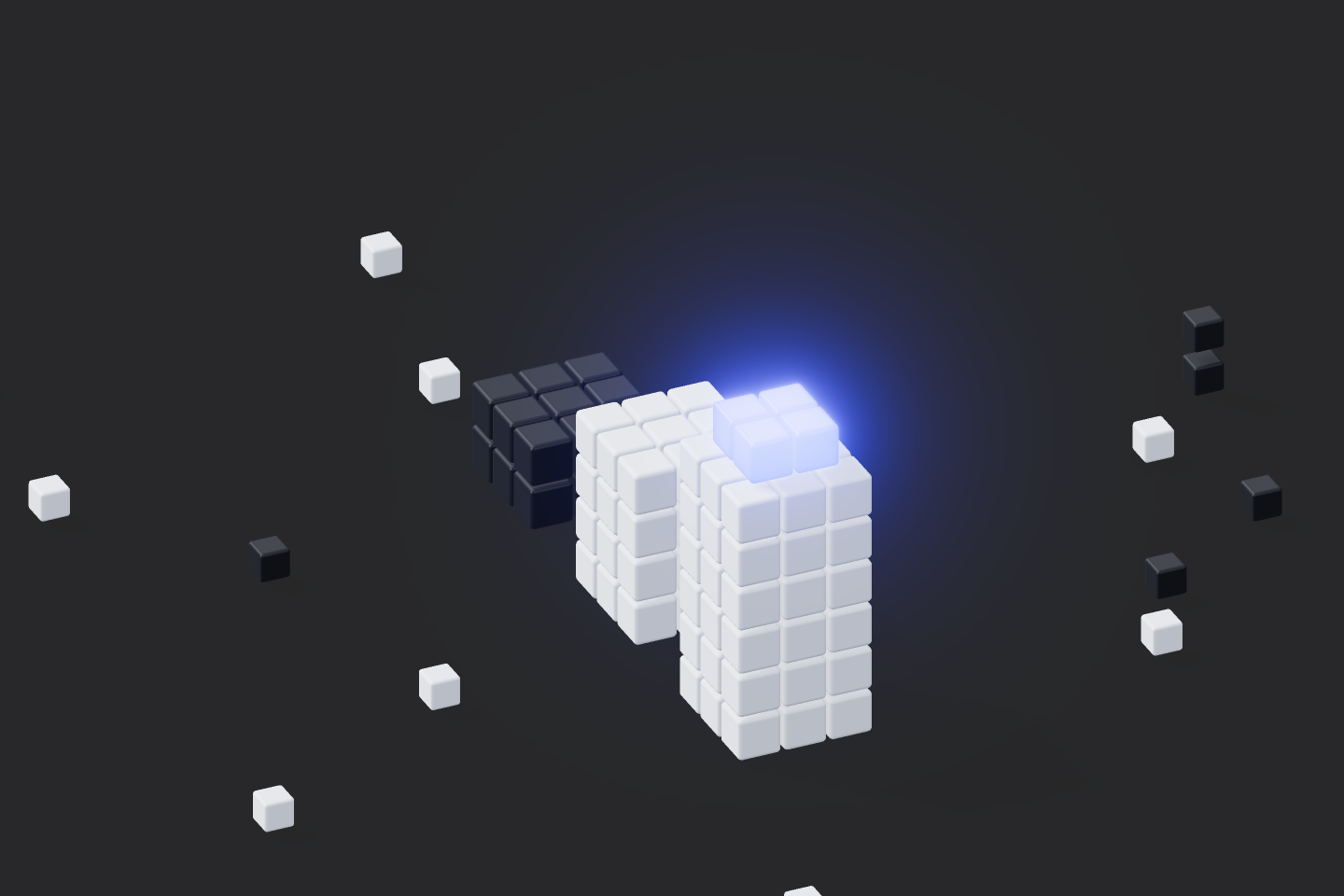 Ascending voxel tiers side by side, the tallest crowned in glowing electric blue, dwarfing the rest.