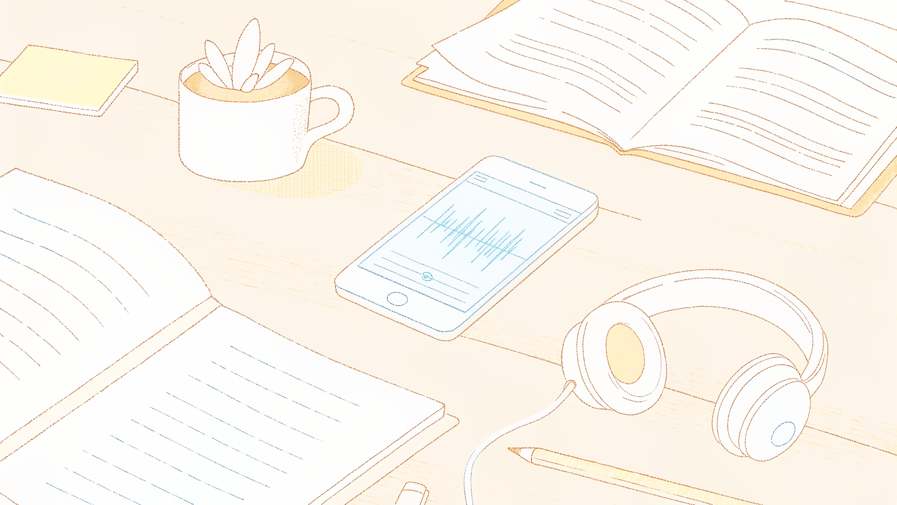Desk scene with smartphone waveform, headphones, transcript document, and coffee mug