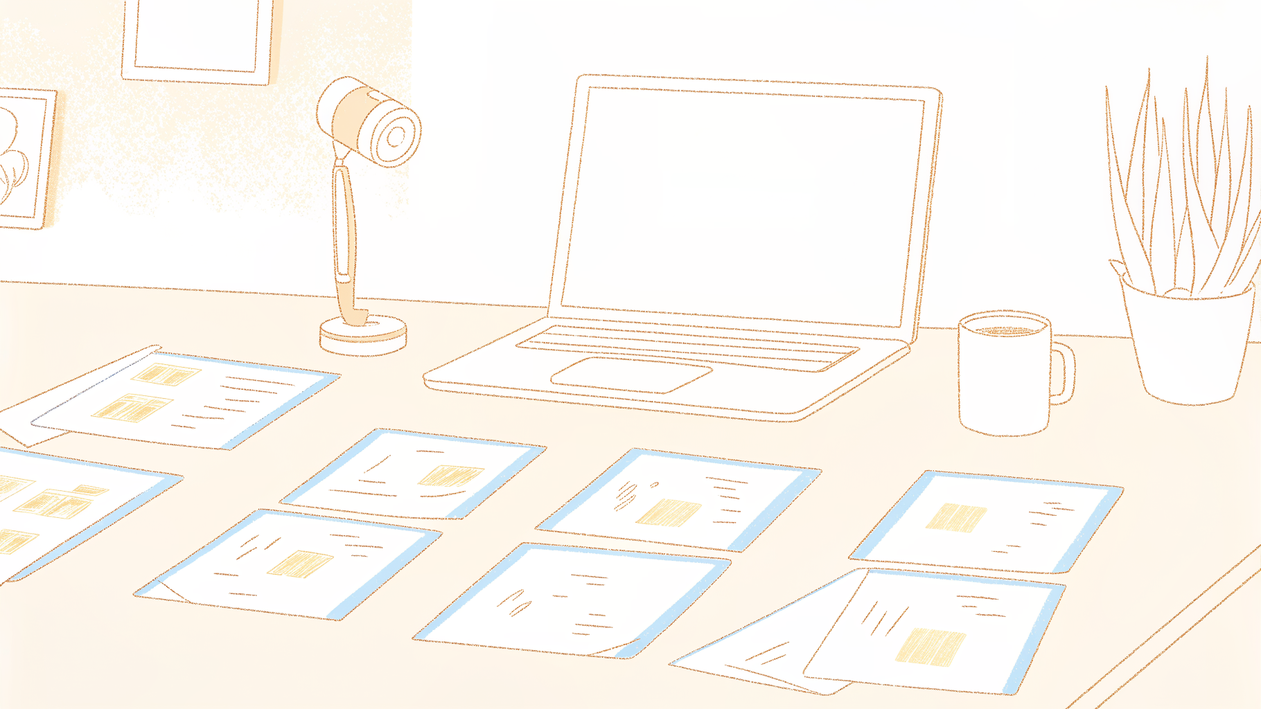 Desk workspace with microphone, document stack, and abstract transcription tool comparison cards