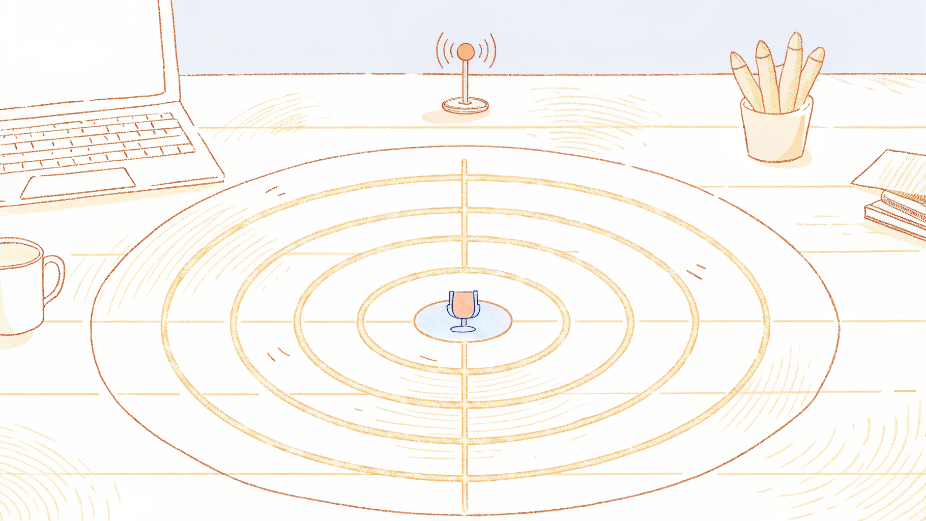 Magnifying glass over a bullseye checklist beside a laptop showing audio waveform