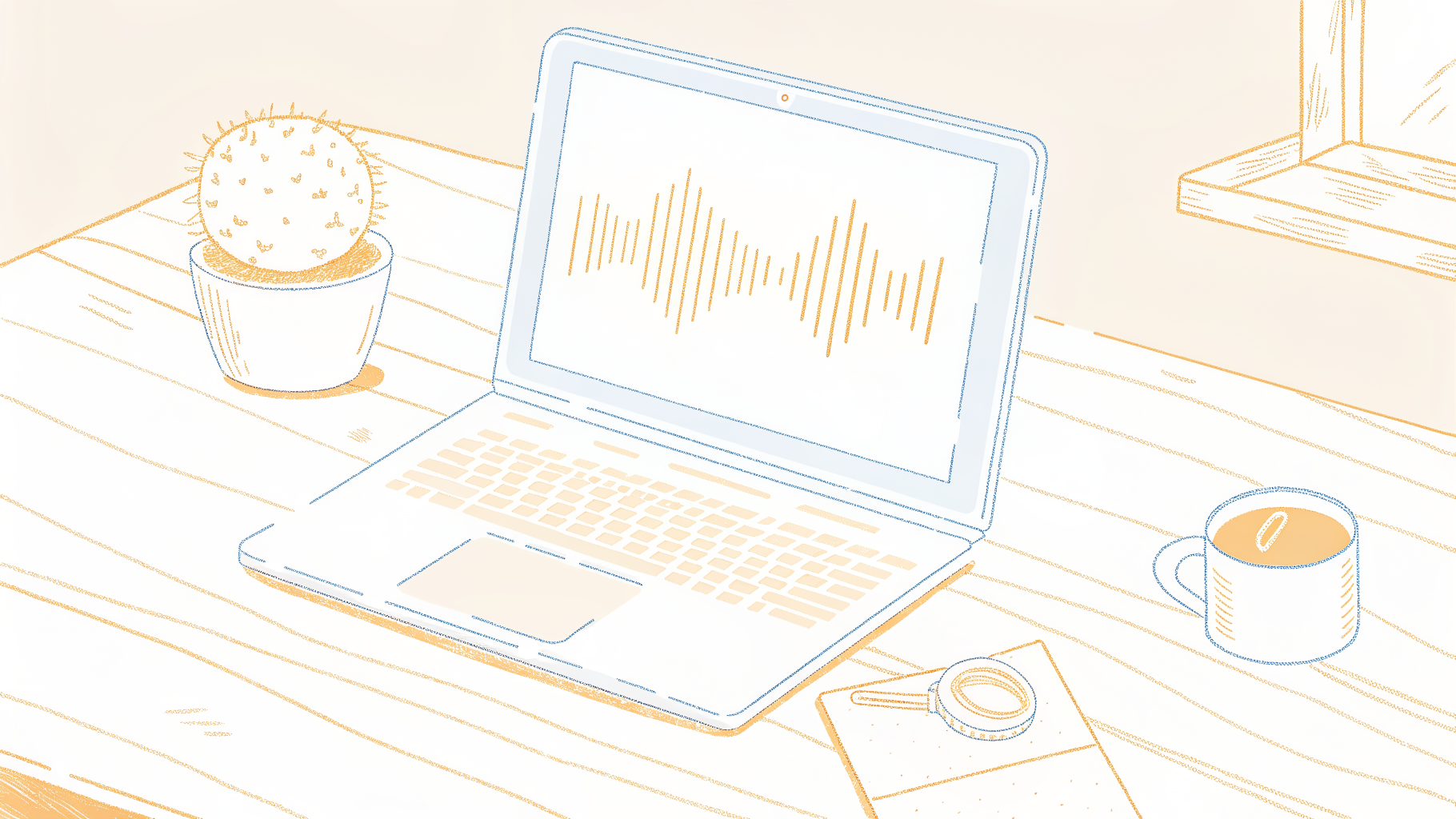 Laptop showing local audio-to-text pipeline with no internet connection, on a tidy desk
