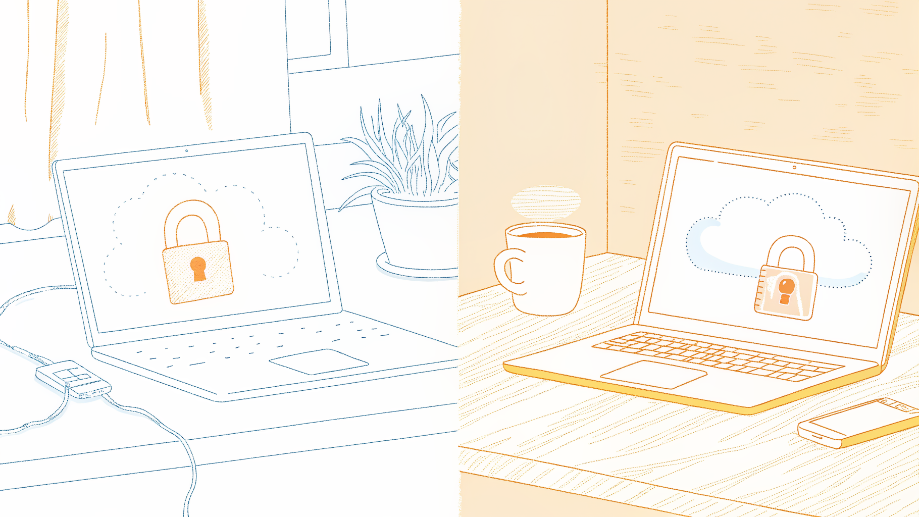 Laptop with local padlock versus audio waveform uploading to risky cloud, data privacy split