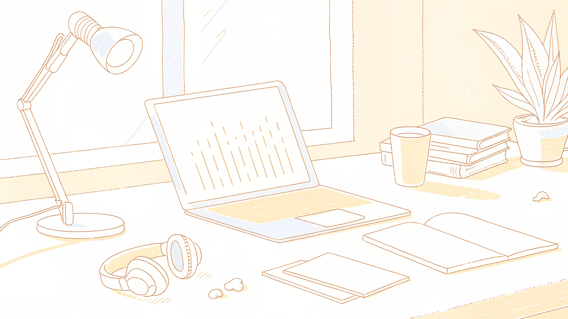 Desk workspace with headphones, microphone, and abstract transcription panel for audio-to-text workflow
