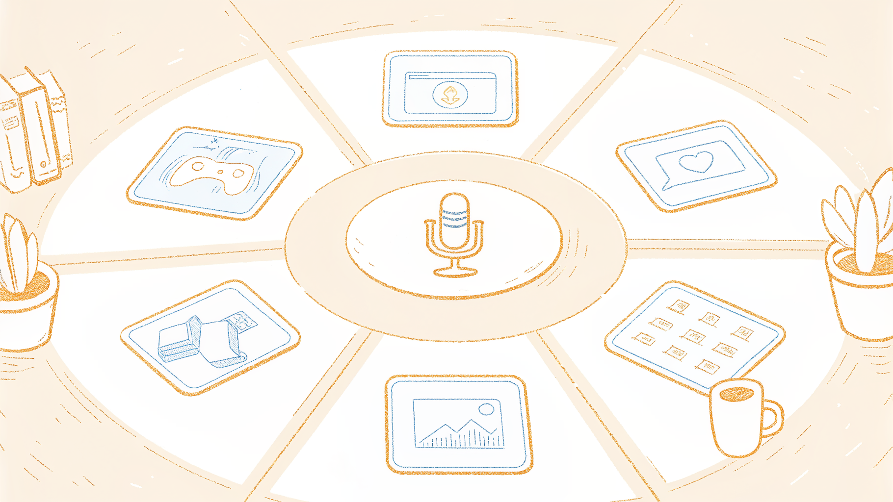 Transcription software tools compared in a hub-and-spoke icon constellation around a microphone