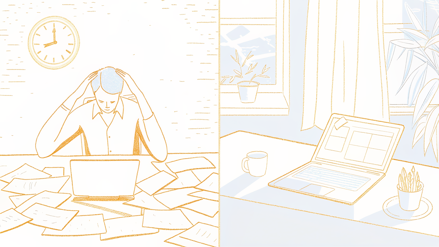 Frustrated worker correcting bad transcript versus relaxed worker with clean AI transcription output