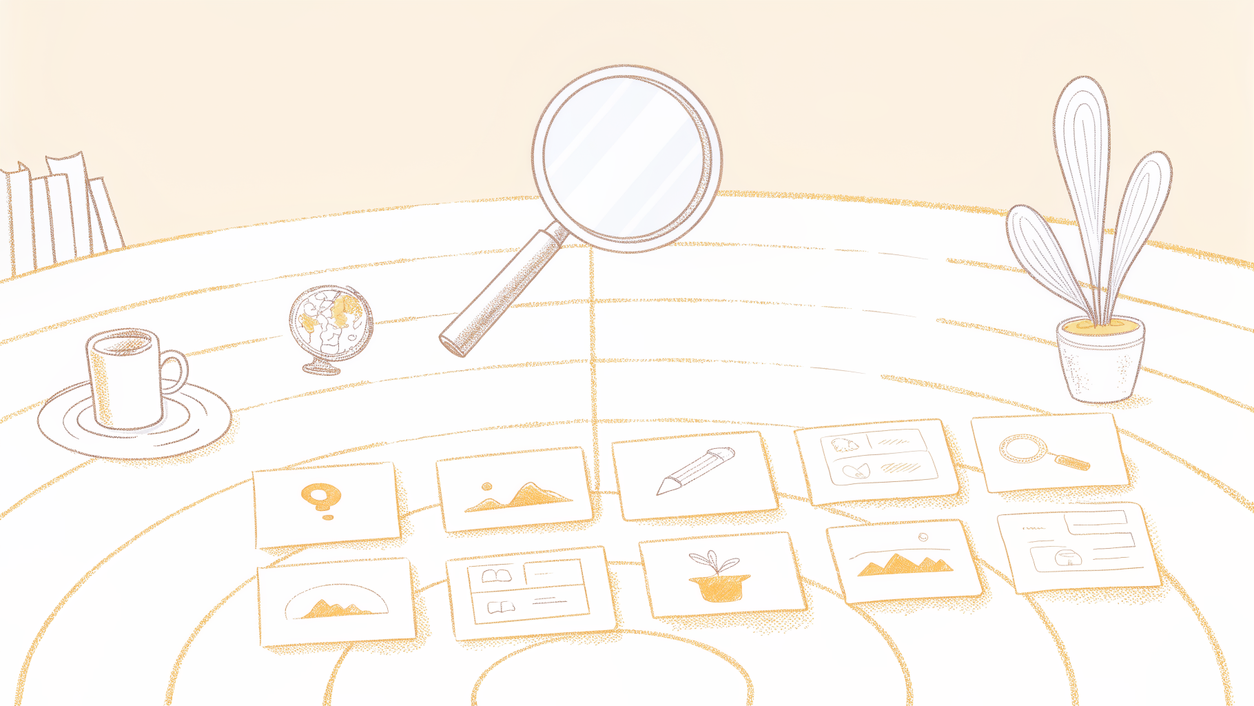 Magnifying glass examining a comparison grid of transcription tool feature icons
